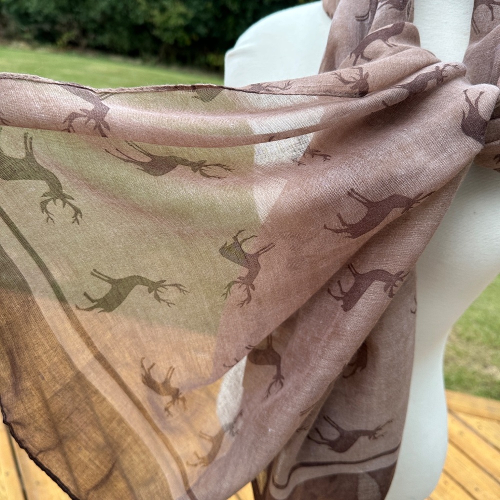 Joy Susan Wide Gauze Scarf Brown Deer Elk Border - Picture 3 of 8
